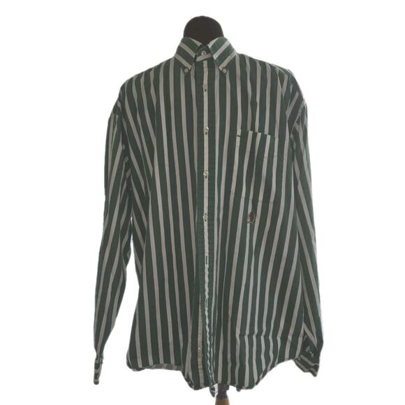 VINTAGE Tommy Hilfiger Golf Long Sleeve Button-Up Pocket Shirt Green Stripe L - Picture 1 of 11